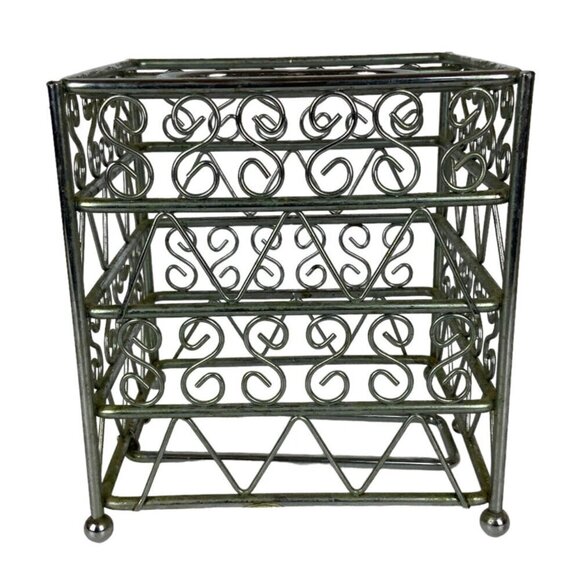 Vintage Metal Tissue Box Cover Square Silver Chrome Scroll Design Bathroom Decor - Picture 3 of 9